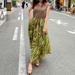 画像1: ウエスト切り替えロングワンピース khaki×lime (1)